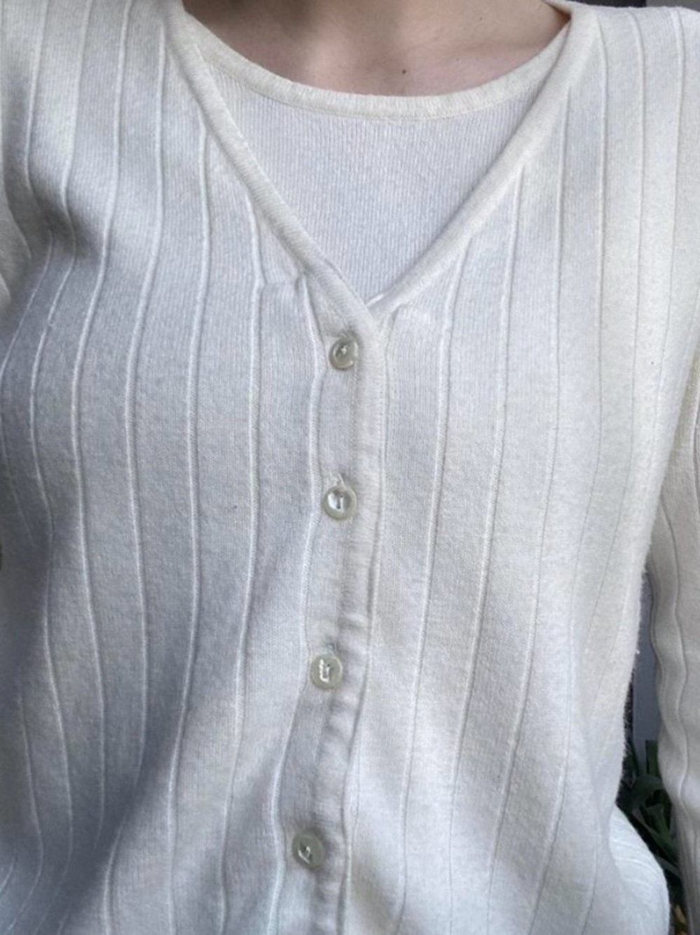 Sears Cream Ribbed V-Neck Button-Up Cardigan - Picture 2 of 5